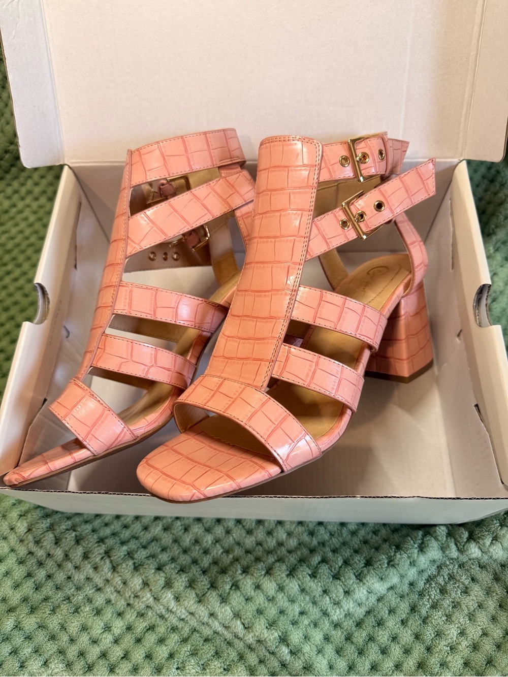 Cato Peach/Salmon Croc-Embossed Strappy Block Heel Sandals